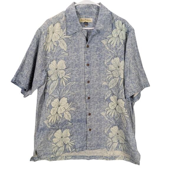 Tommy Bahama Shirt Mens Large Blue Linen Camp Hawaiian Hibiscus Short Sleeve - Picture 1 of 7